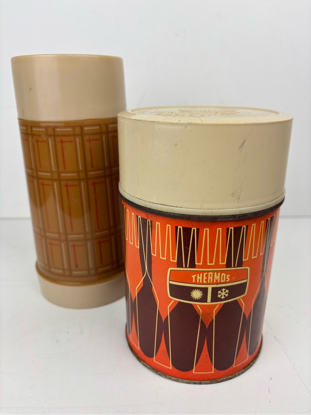 Vintage Thermos Pair/Geometric Pattern/Fall Colors-Home Decor/Display